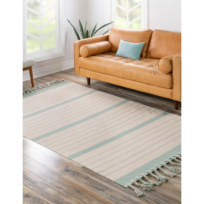Tapis rayé en coton tissé à la main blanc / turquoise Yellville, Rectangle 5 pi 1 po x 8 pi