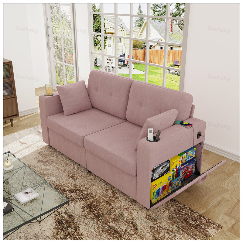 Canapé moderne en tissu chenille 3 places avec chargement USB, rangement et porte-gobelet pour espaces de vie compacts, Pink