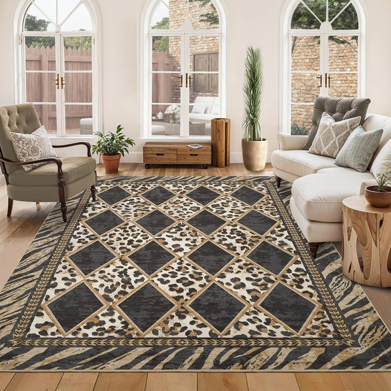 Tapis de couloir à carreaux 9 pi x 12 pi à motif léopard noir, doux et antidérapant pour cuisine, chambre à coucher et entrée