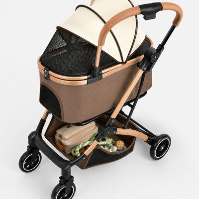 2-in-1 Foldable Pet Stroller for Dogs & Cats, Detachable Carrier with Sun Canopy, One-Hand Fold, 4-Wheel Travel Stroller with Storage Basket