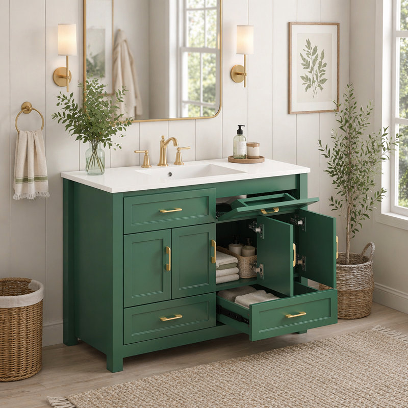 Ensemble de meuble-lavabo vert 48 po avec lavabo en résine, armoire de rangement abondante - 4 portes à fermeture douce et 4 tiroirs