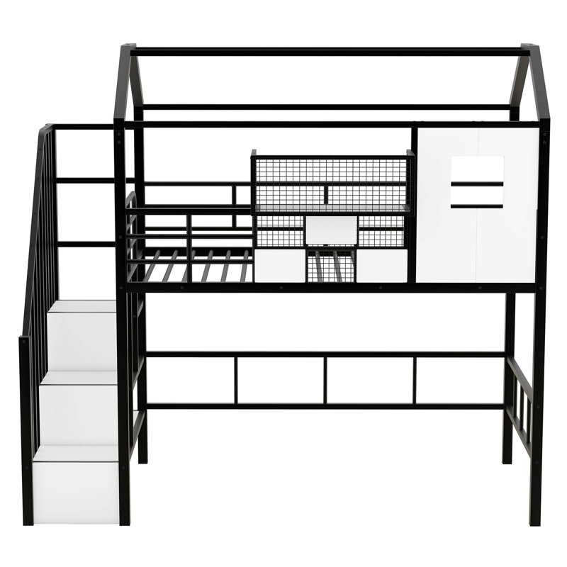 Lit mezzanine en métal avec toit et boîte de rangement, Noir