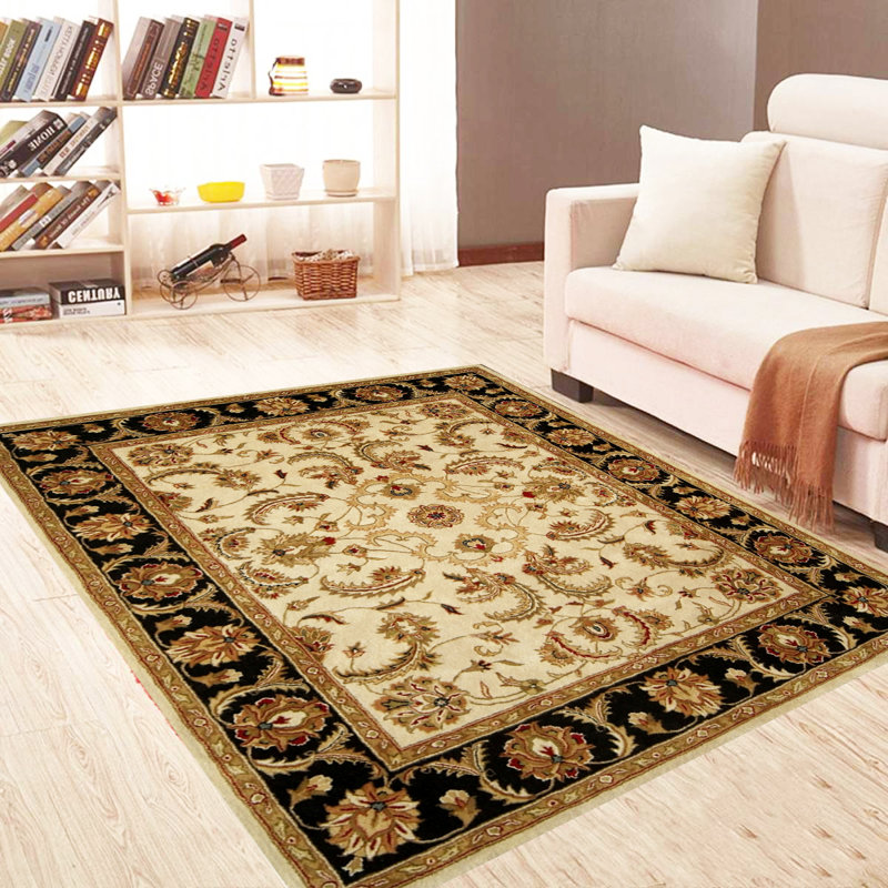Tapis persan ivoire et noir en laine touffeté à la main de conception classique 5 pi x 8 pi