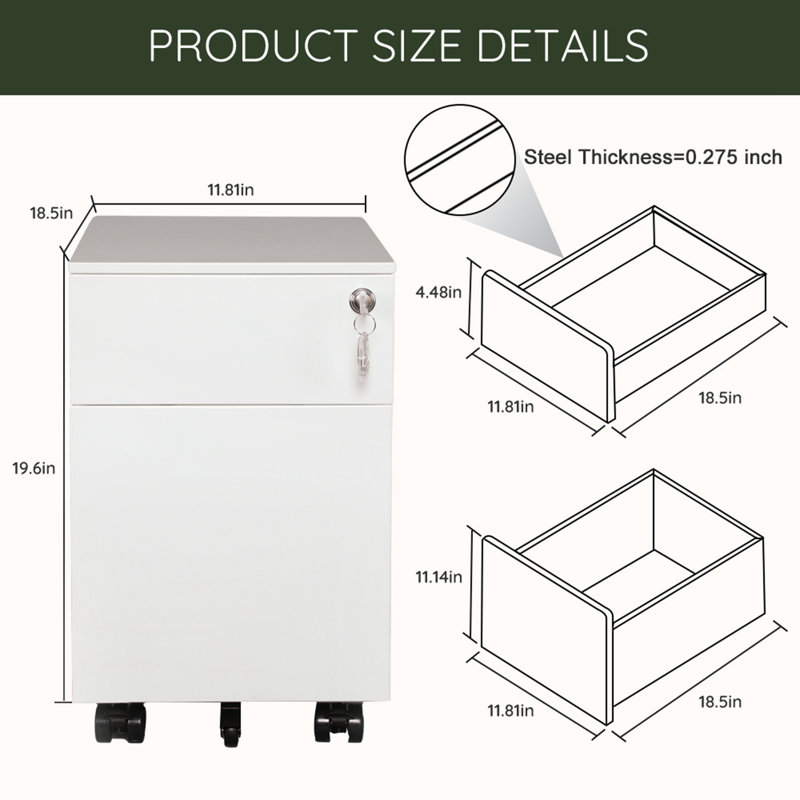 Jerrius 2-Drawer Mobile Vertical Filing Cabinet, White