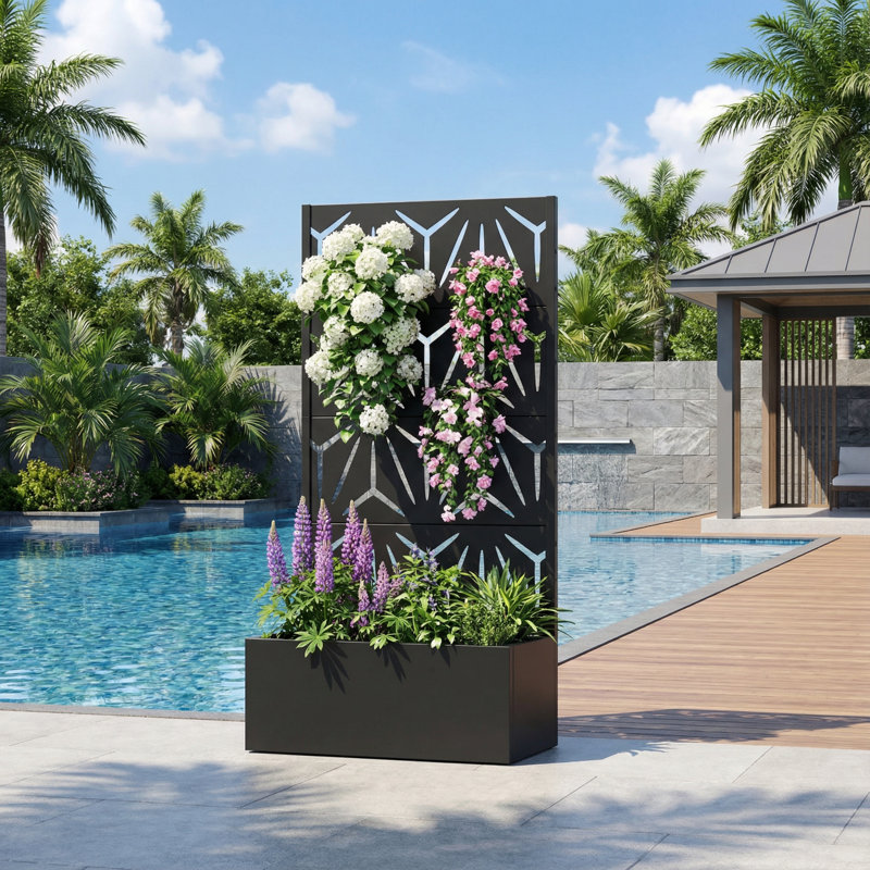 Metal Planter Box with Trellis with Wheels, Black