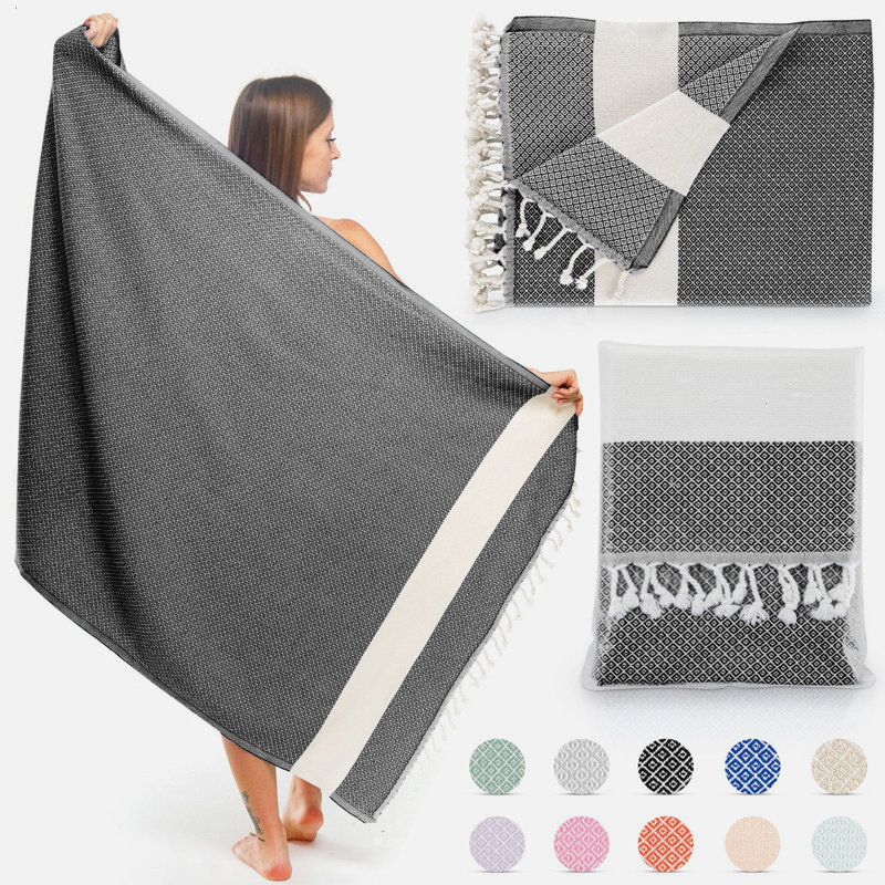 2-Pack Turkish Beach Towels, 100% Cotton Sand-Free Peshtemal Blanket, Black