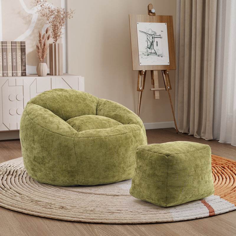 Fauteuil à billes rembourré avec repose-pieds, Chenille vert olive