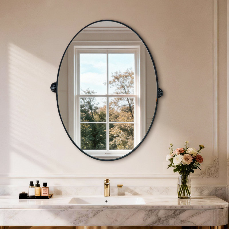 20”x28” Black Metal Framed Pivoting Bathroom Vanity Mirror Tilting Oval Mirror, 27.56" H x 19.68" W, Oval