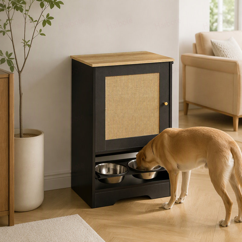 Feeding Station with 1 Storage Cabinets, Pet Feeding Station with 2 Elevated Dog Bowls, Side Hooks, Anti-tip Kit, Hidden Pet Feeder Station for Feeding & Watering