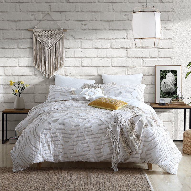 Ensemble d'édredon en jacquard à pinces et losanges 100% coton PUuma, Édredon double / grand, 2 taies décoratives et 2