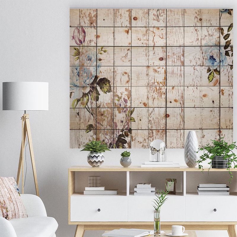 Shabby Elegance Roses on Wooden Texture - Décoration murale en bois de ferme, H 30 po x l 40 po x P 1 po