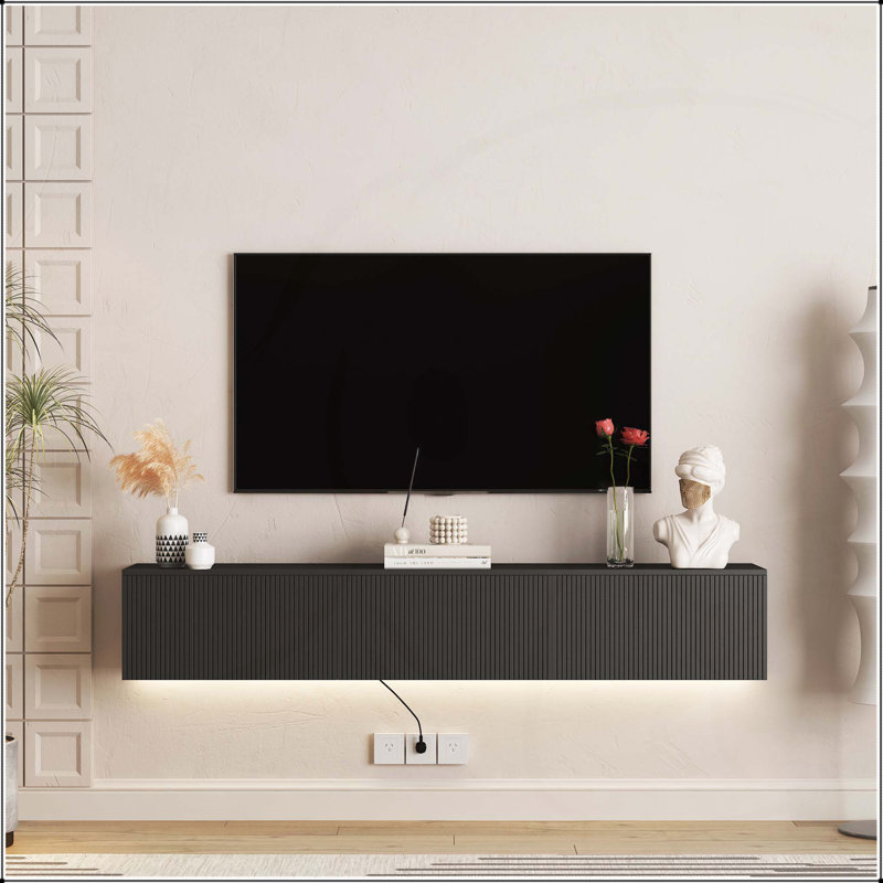 Meuble télé flottant à fixation murale avec 16 DEL de couleur et 69 po, H 11 po x L 11,8 po x l 68,8 po, Noir