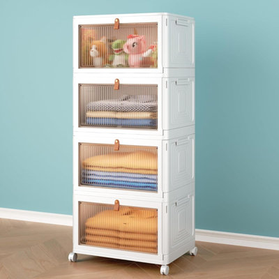 4 Tier Stackable Plastic Storage Bins With Lid And Wheels - 23 QT Closet Organizers And Storage, Foldable Storage Containers, Organization And Storage Boxes For Craft, Home, Pantry, Dorm