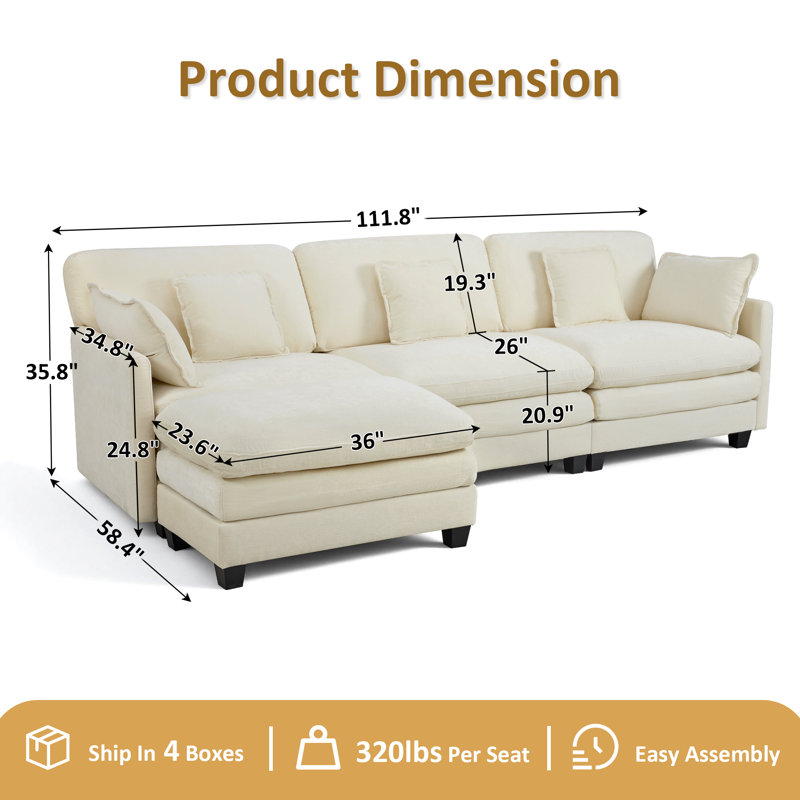 111.8" Modular Sectional Sofa, 3-Seat L Shaped Couch with Reversible Ottoman, Beige