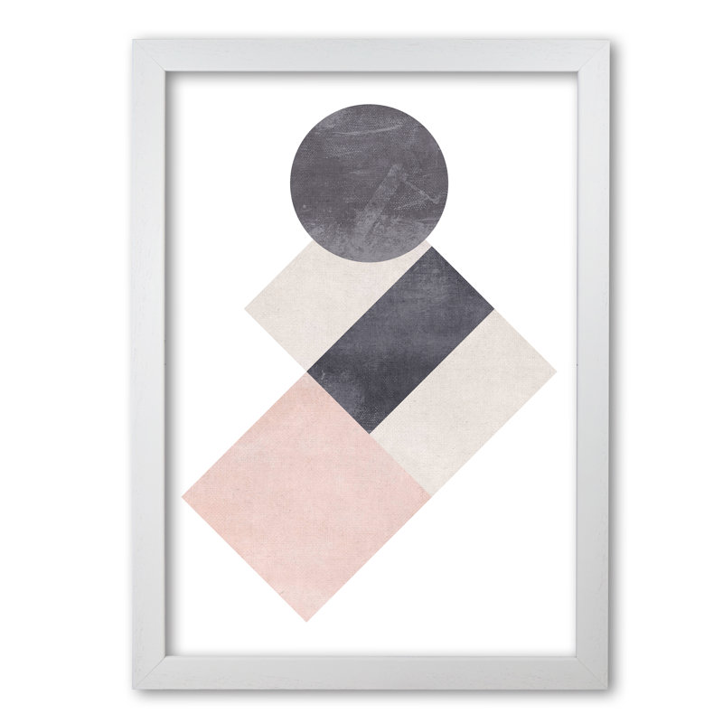 Cotton, Pink And Grey Abstract Squares And Circle - Print, White Grain Frame, 42 cm H x 30 cm W x 5 cm D