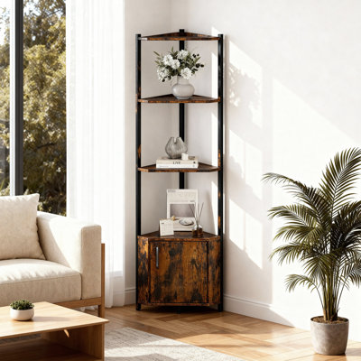 5-Tier Corner Shelf Stand Metal Frame Wood Shelves Space-Saving Tall Storage Rack for Bathroom Kitchen Bedroom Plants Books Decor
