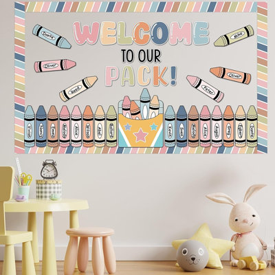 Boho Welcome To Our Pack Bulletin Board Set, Crayon Classroom Decorations, Back To School Name Tags & Star Cutouts