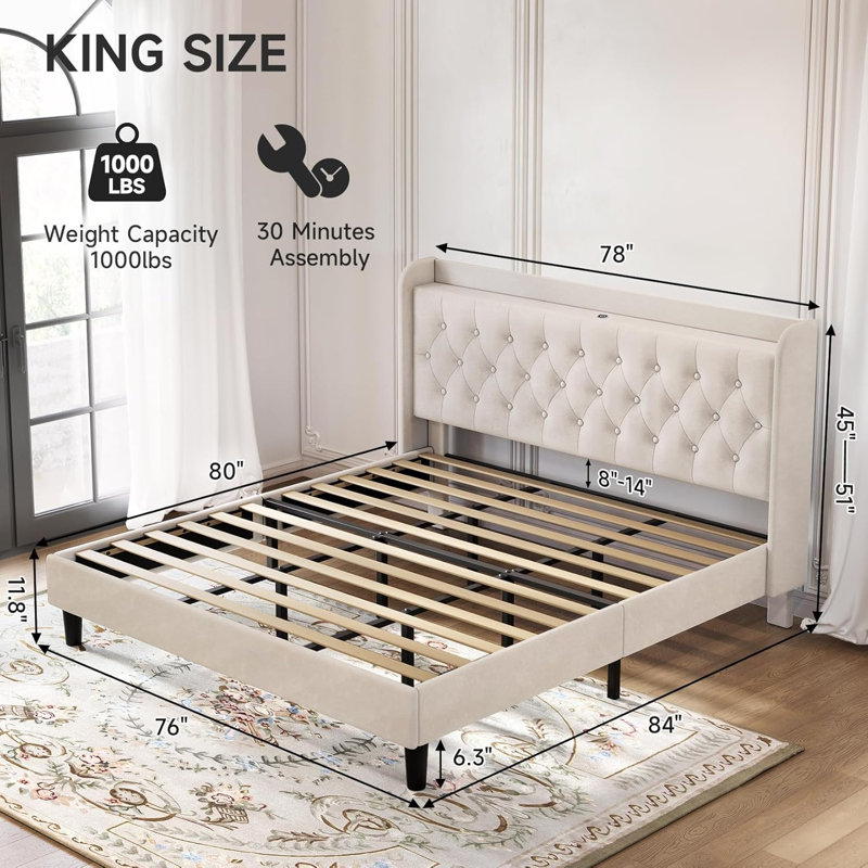 Velvet Tufted Upholstered Platform Bed with Charging Station (Beige, King Size), Beige, King