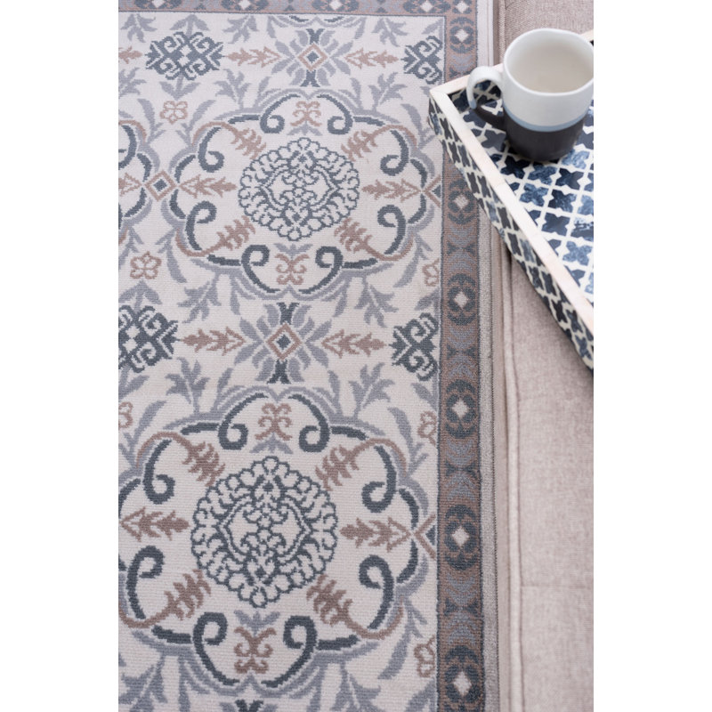 Hoban Oriental Scroll Cream/Gray/Blue Indoor Area Rug for Living Room, Bedroom, Dining Room, Rectangle 5' x 7'