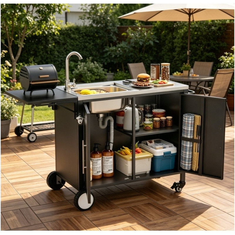 Chariot de barbecue noir roulant avec évier, table de barbecue pliable en métal avec armoire de rangement pour patio