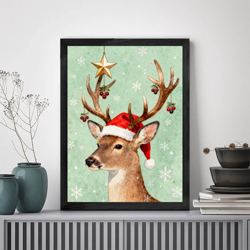Renne de Noël rétro encadré noir portant un chapeau de père Noël, impression d'art de style rétro, H 11 po x l 9 po