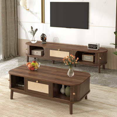 Ensemble de meuble télé et table basse de style tissé - Mobilier de salon avec portes coulissantes et rangement à bord arrondi