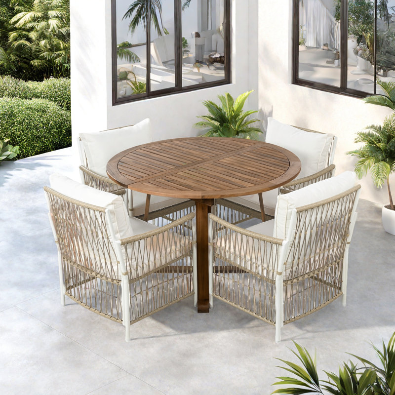 5-piece Patio Dining Table Set Included 1 Extendable Coffee Table, 4 Rattan Arm Chairs With Cushions And Iron Frame