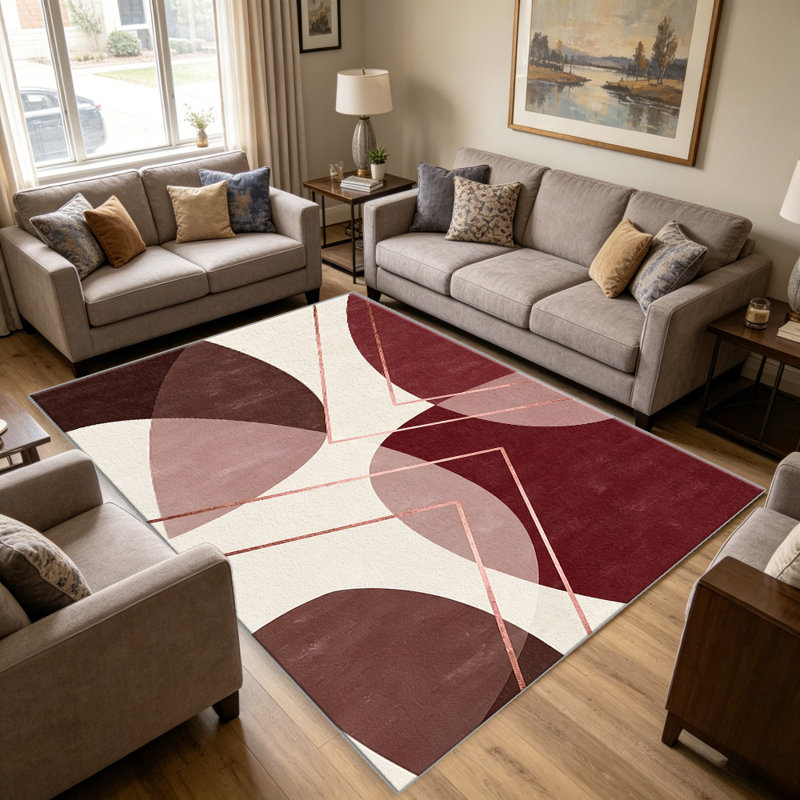 Burgundy Rose Gold Abstract Geometric carpet-easy to clean, machine-washable, soft and comfortable; suitable for door mats, kitchens, living rooms, bedrooms, corridors, and laundry areas. Easy to clean, durable carpet for home decoration.