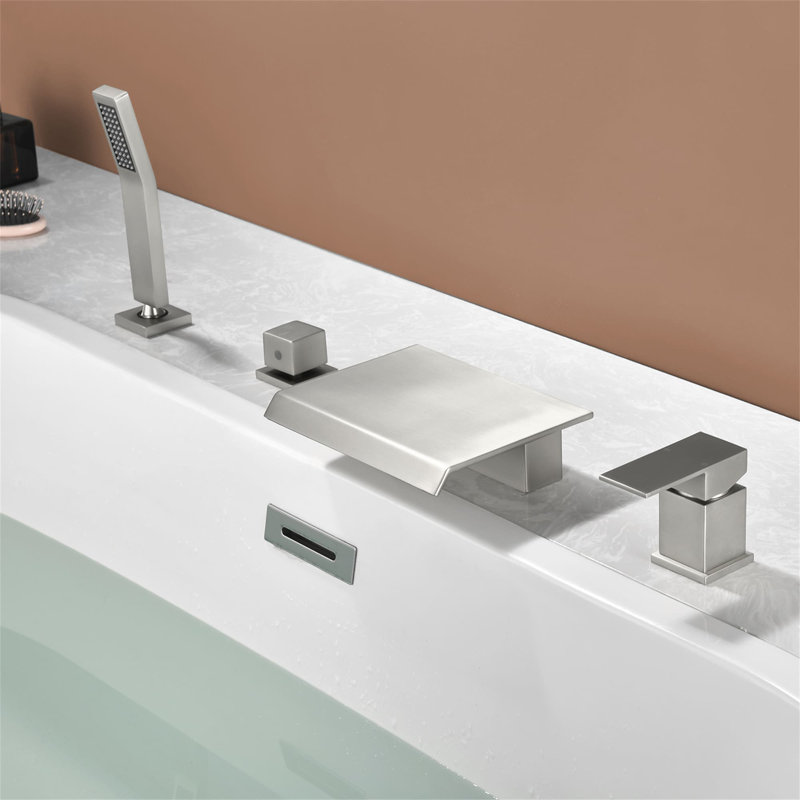 4 Hole Deck Mount Tub Faucet With Hand Shower Waterfall Bathtub Faucets Brass Single Handle Tub Filler With Valve