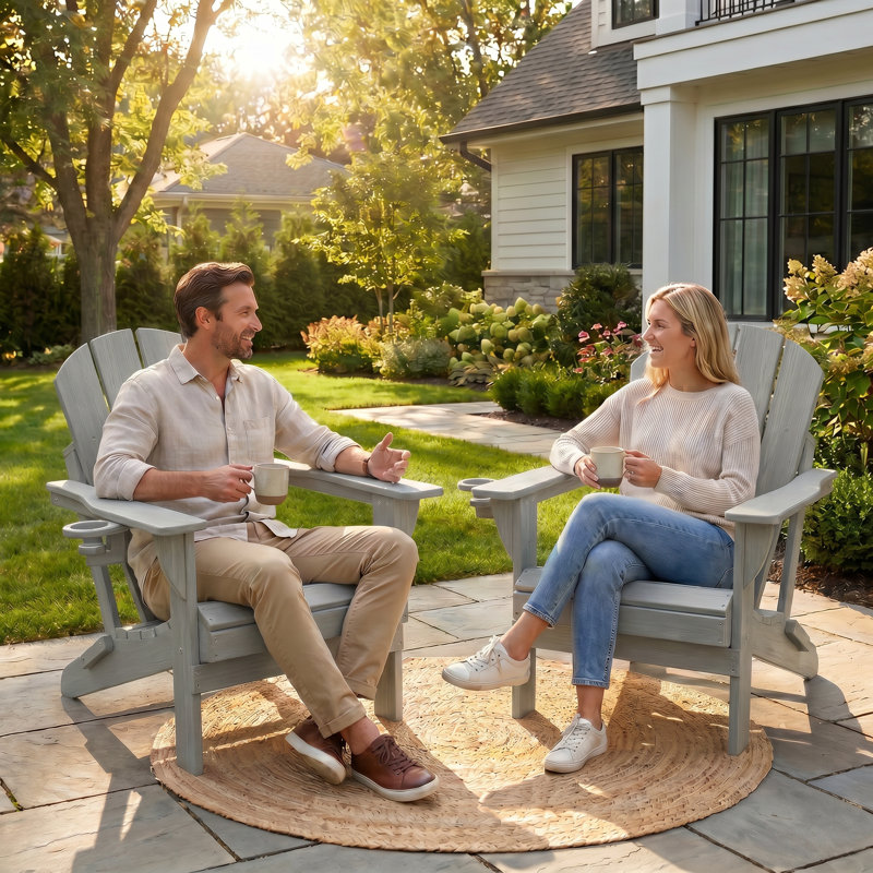 Outdoor Adirondack Chair Set Weather-Resistant HDPE Foldable Patio Chair Fire Pit Chair with Cup Holder, Gray