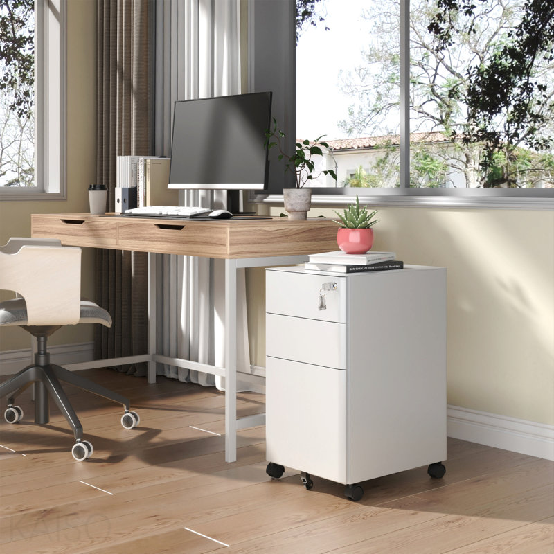 3-Drawer Mobile File Cabinet With Lock, All-Steel Metal Storage On Wheels, Two Shallow & One Deep Drawer For Office/Home, Fully Assembled, White, 110lbs/Drawer, Anti-Tip Design