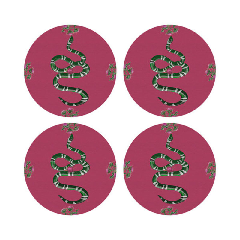 Thistle And Snake Vegan Leather Round Pebble Placemat, Pink