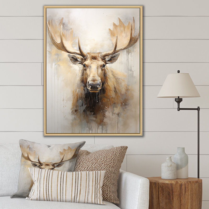 Portrait d'un orignal beige et doré - impressions sur toile, Cadre flottant érable, H 40 po x l 30 po x P 1,5 po