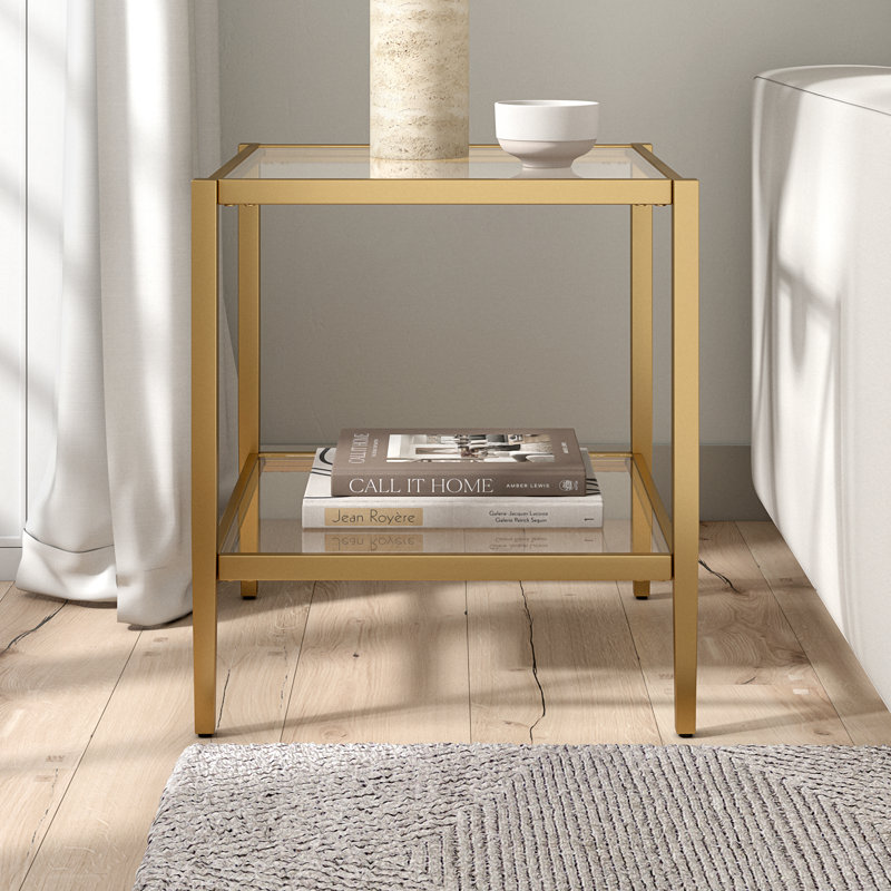 Hera Glass End Table with Storage, Brass