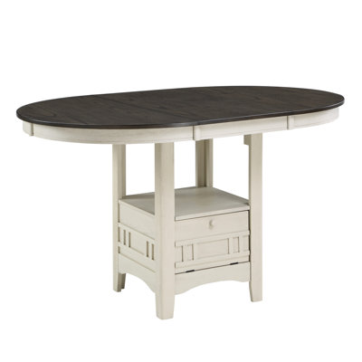 Table de salle à manger à hauteur de comptoir avec rallonge et rangement en blanc antique rosé de style traditionnel blanc / brun