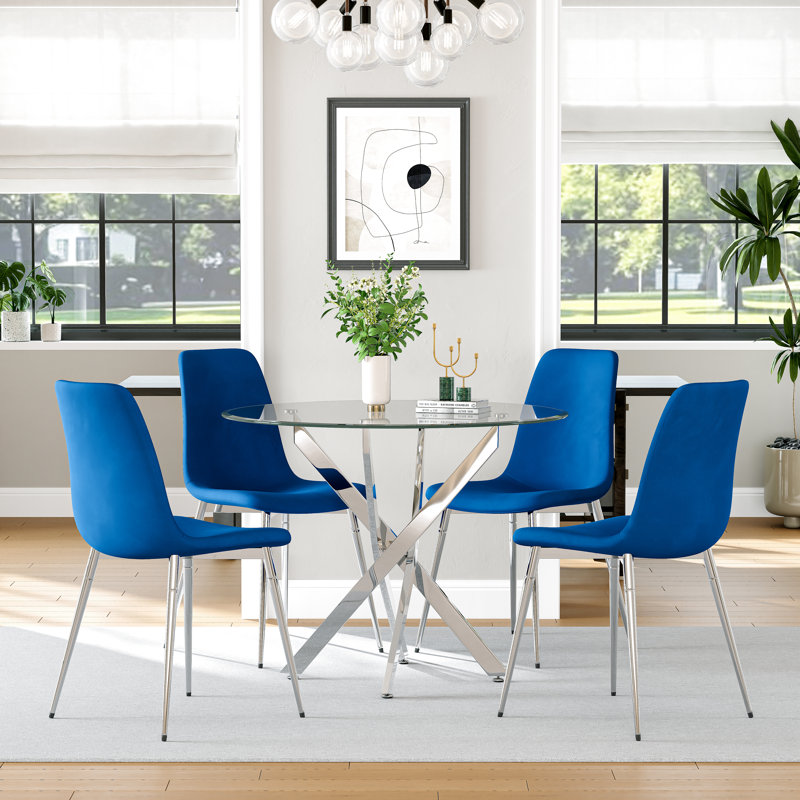 Round Glass Dining Table Set, 36" Clear Tempered Glass Tabletop With 4 Velvet Dining Chairs(Set Of 5), Silver/Blue/Silver
