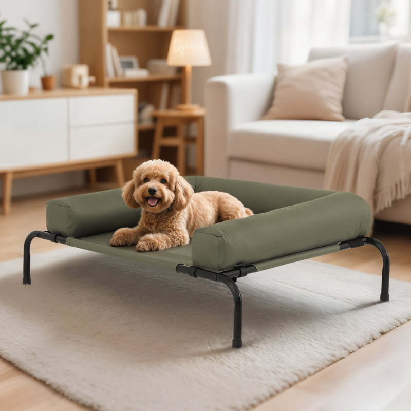 Portable Elevated Pet Bed Dog Cot Bed With Removable Bolster, Extra Small (35.5" W x 25.5" D x 7.5" H), Dark Green