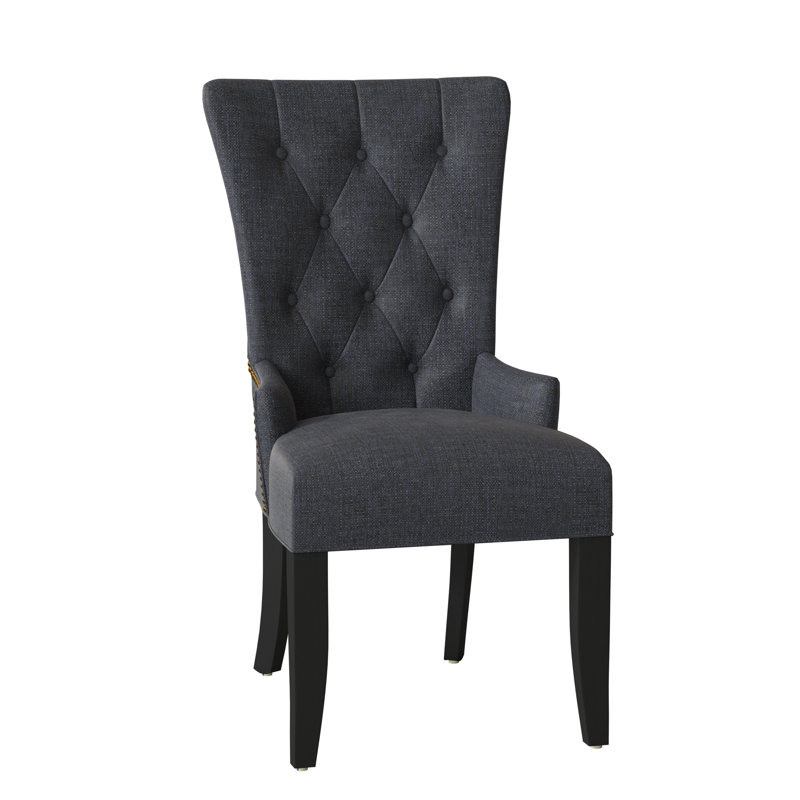 Upholstered Dining Chair, Black Satin, Brass, Navy