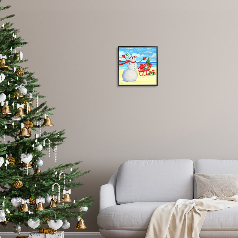 «Snowman On Beach Scene On Wood» par Paul Brent, reproduction, H 12 po x l 12 po, Giclée encadrée noir minuit