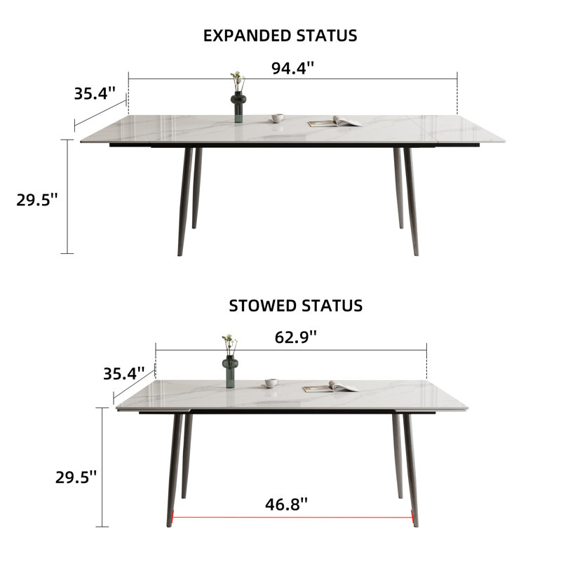 Homeira  62.9" to 94.4" Extendable Dining Tables for 6 to 10 -   Rectangle  Sintered stone Dining Table, White