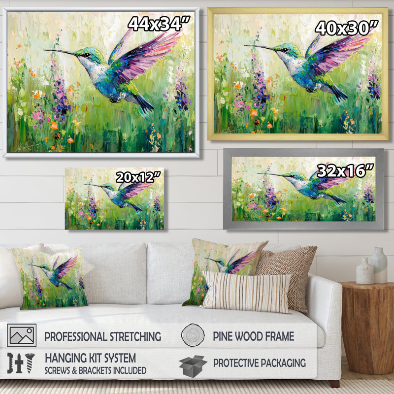 Colibris curieux Meadows I - impression murale de colibri, H 30 po x l 40 po, Doré
