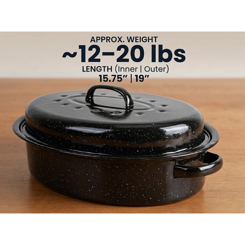 Enamel Roaster with Lid 18" – Black Speckled Oval Roasting Pan, Oven-to-Table Dish for Chickens, Meats, and Vegetables