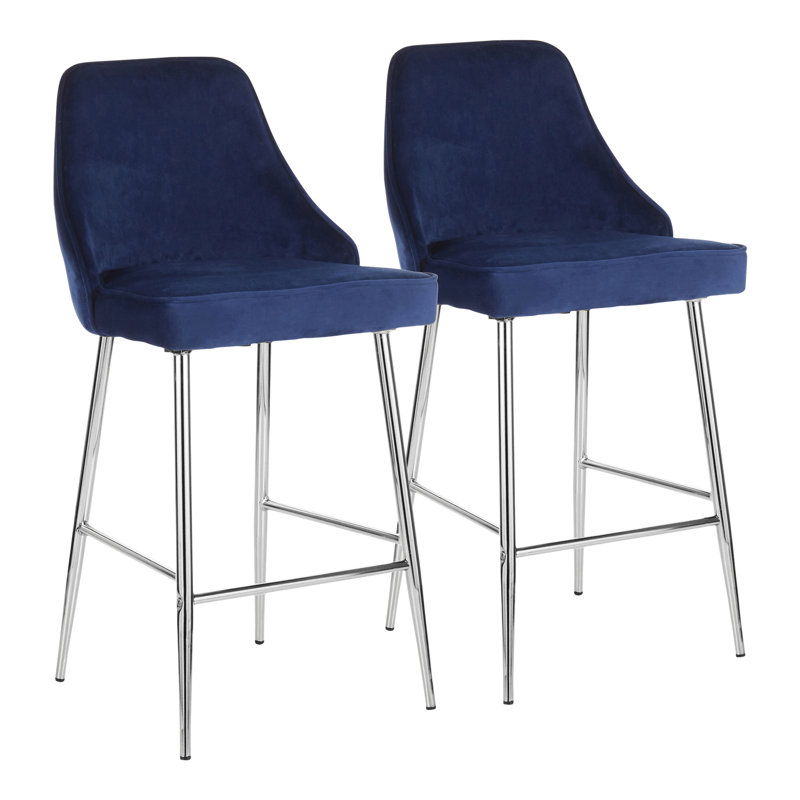 Navy Blue Velvet and Chrome Modern Counter Stools, Set of 2