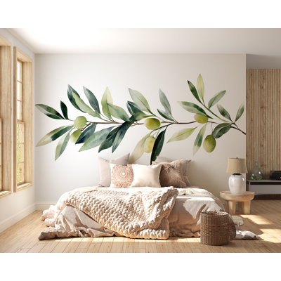 Adhésif mural branche d'olivier pour chambre à coucher - grande aquarelle feuille d'olivier au-dessus du lit autocollant mural 064Mv