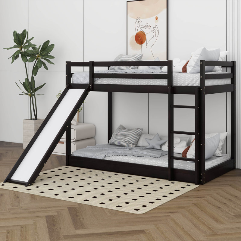 Twin Over Twin Low Bunk Bed With Ladder And Slide, Solid Wood Bunk Bed Can Be Converted Into Loft Bed, Espresso