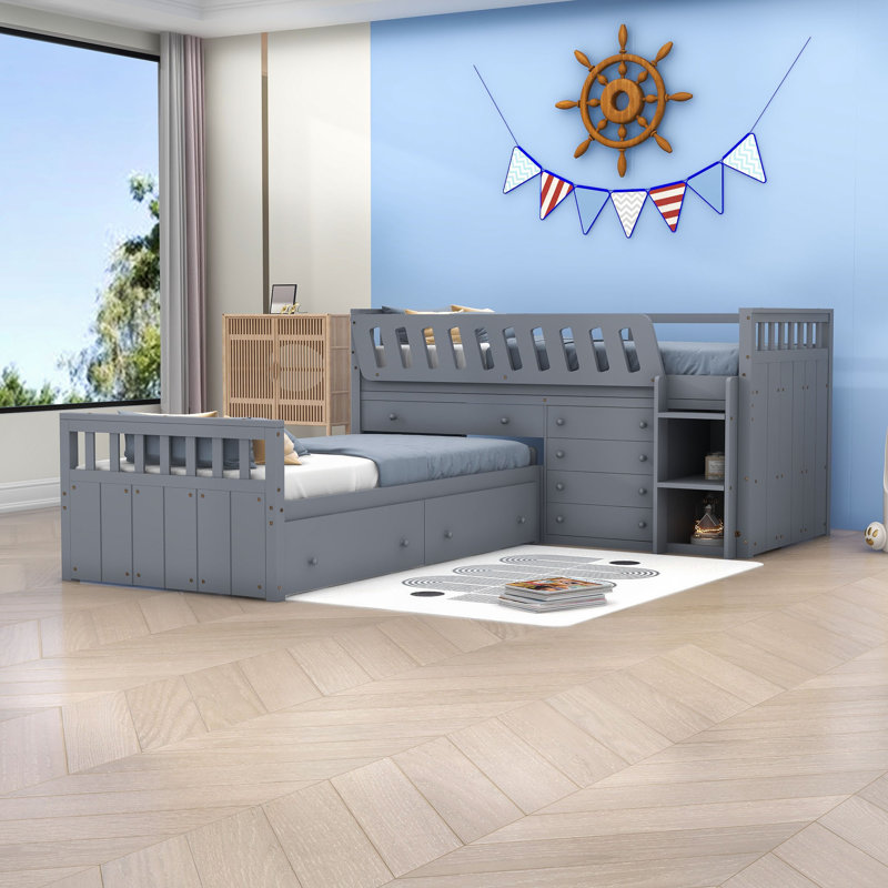 Seven Drawers Twin Over Twin Wood Bunk Bed, Grey