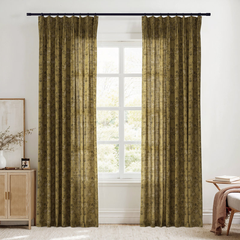 TWOPAGES Unlined Floral Curtain Printed Faux Linen Pinch Pleat Curtain, Copper, 26" W x 96" L
