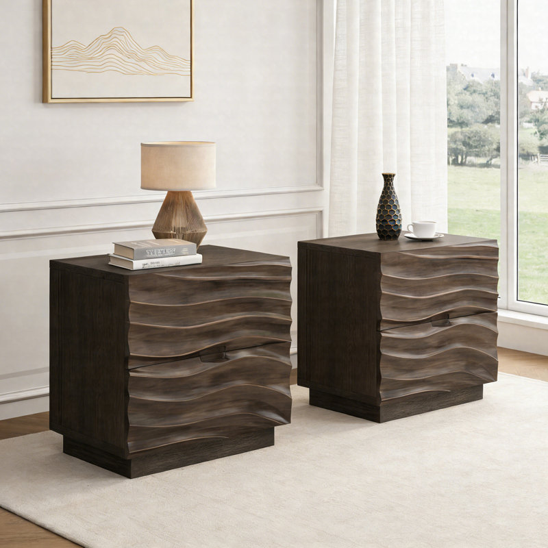 Ensemble de 2 tables de bout en bois massif avec 2 tiroirs et tables d'appoint modernes sans poignée pour la chambre à coucher et le salon