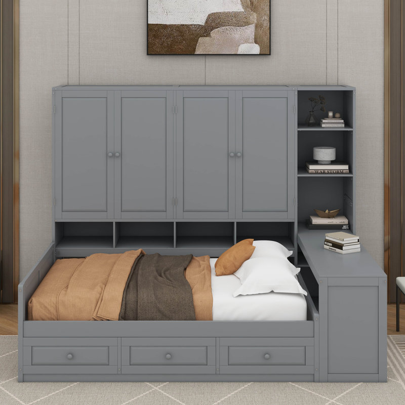 Wooden Daybed With Three Drawers,Cabinet, Desk And Shelves, Grey, Full