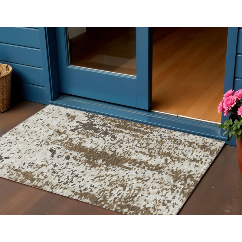 3' X 5' Brown And Ivory Abstract Washable Indoor Outdoor Area Rug